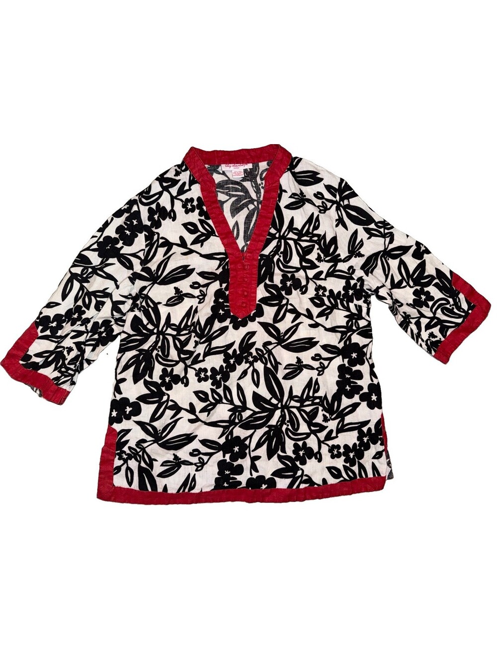 Lily Stanhope women’s linen Floral Print blouse tunic sz 1X Artsy Red Black Boho